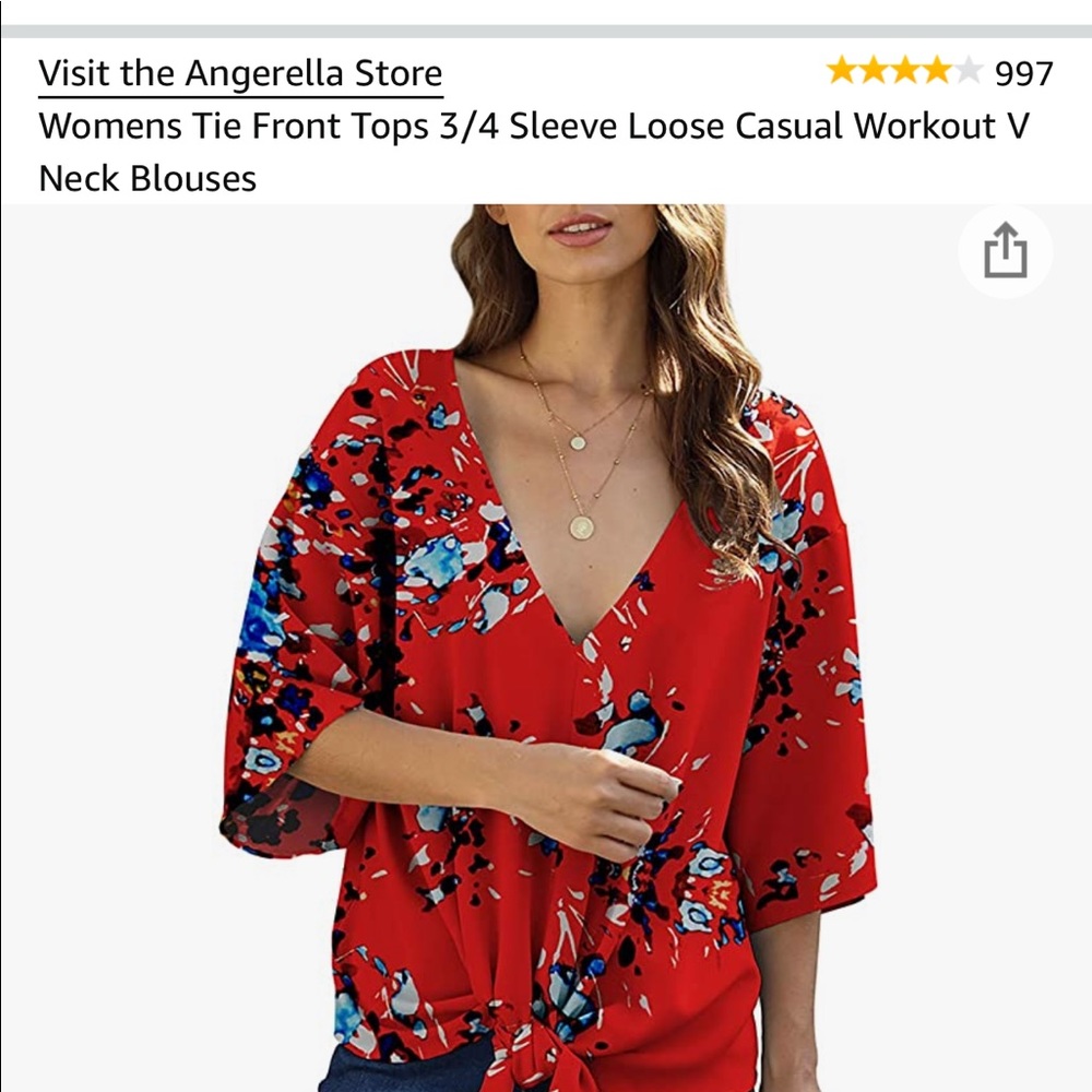 Tie Front Tops 3/4 Sleeve Loose V-Neck Blouse - Picture 6 of 10
